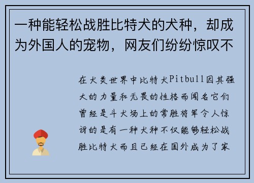一种能轻松战胜比特犬的犬种，却成为外国人的宠物，网友们纷纷惊叹不已