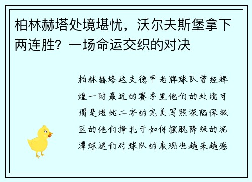 柏林赫塔处境堪忧，沃尔夫斯堡拿下两连胜？一场命运交织的对决