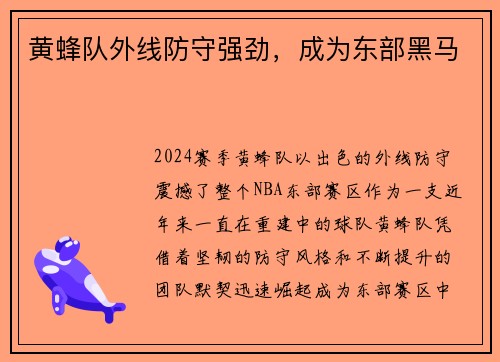 黄蜂队外线防守强劲，成为东部黑马
