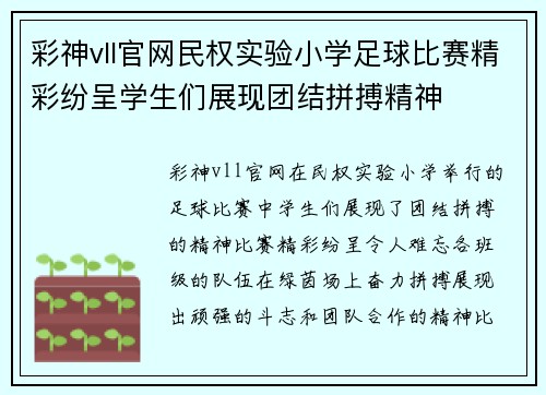 彩神vll官网民权实验小学足球比赛精彩纷呈学生们展现团结拼搏精神
