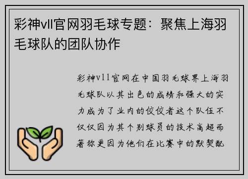 彩神vll官网羽毛球专题：聚焦上海羽毛球队的团队协作